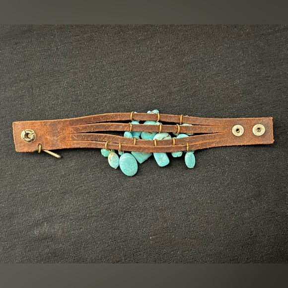 JENNY RABELL Turquoise Stone Charm, Hand Tooled Leather & Brass Adjustable Brace - Picture 10 of 14